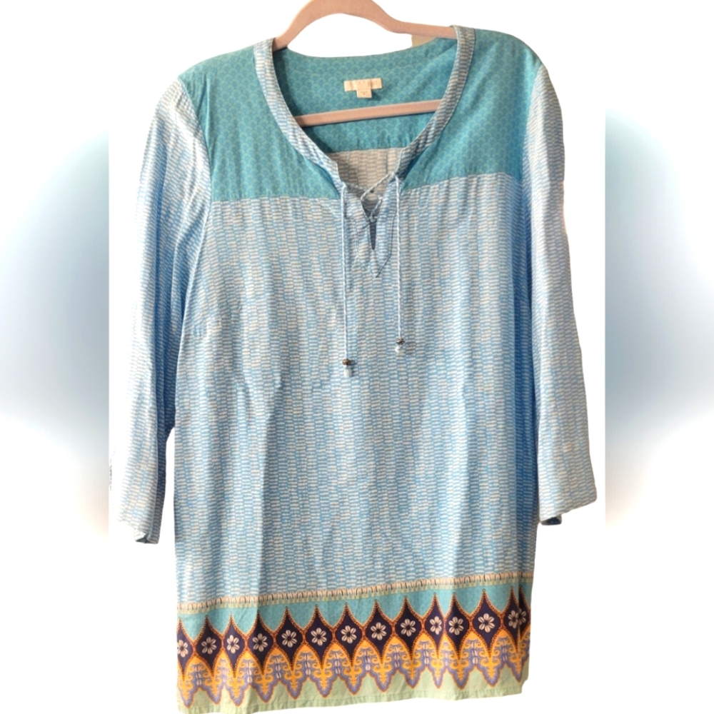 J. Jill Blue Patterned Tunic with Contrasting Pattern Border